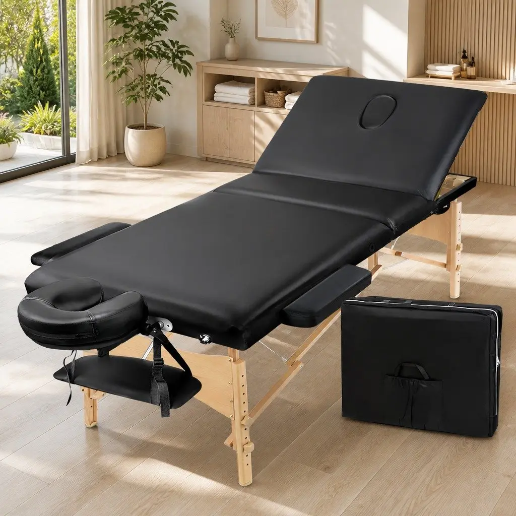 Portable Wooden Massage Table 70cm 3 Fold Therapy Beauty Bed Black Adjustable
