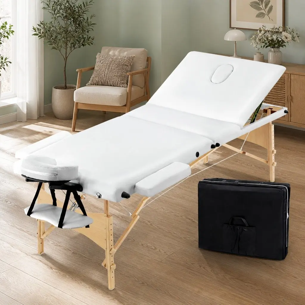 Portable Massage Table 70cm Wooden 3 Fold Beauty Bed Adjustable Height White