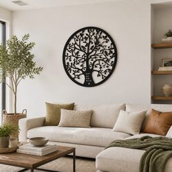 Metal Wall Art Hanging Sculpture Tree of Life Round Frame Home Decor Black