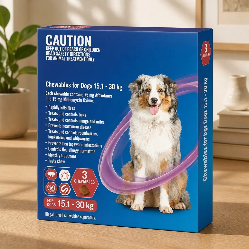 Chews for Dogs 15.1-30kg 3pk Flea Tick Worm Parasite Treatment