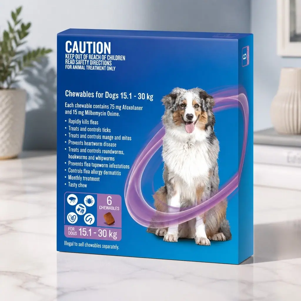 Chews for Dogs 15.1-30kg Flea Tick Worm Heartworm Treatment 6pk
