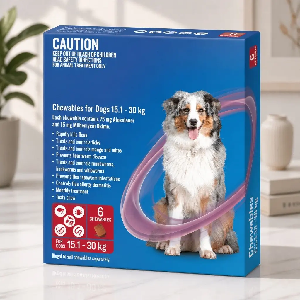 Chews for Dogs 15.1-30kg Flea Tick Worm Heartworm Treatment 6pk