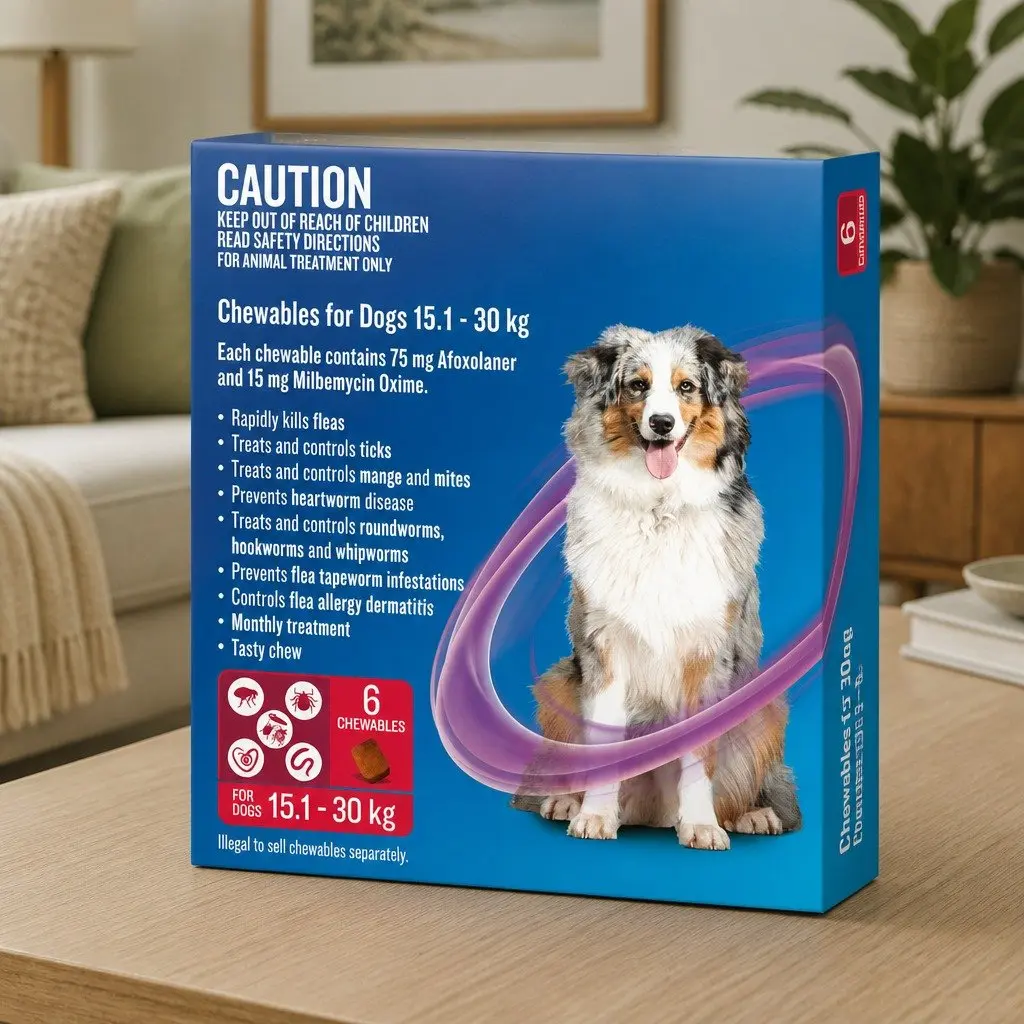 Chews for Dogs 15.1-30kg Flea Tick Worm Heartworm Treatment 6pk