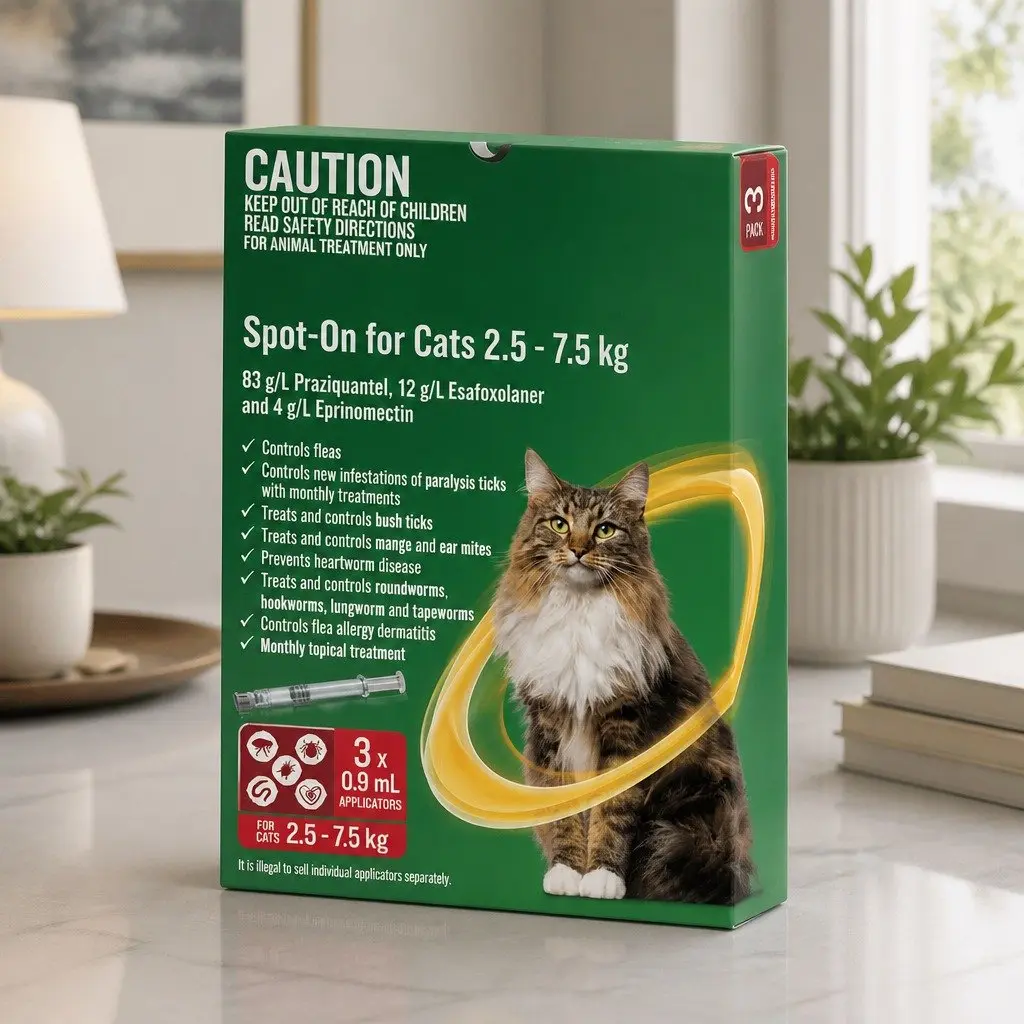 Spot-On for Cats Monthly Topical Parasite Treatment 2.5 to 7.5kg 3 Pack