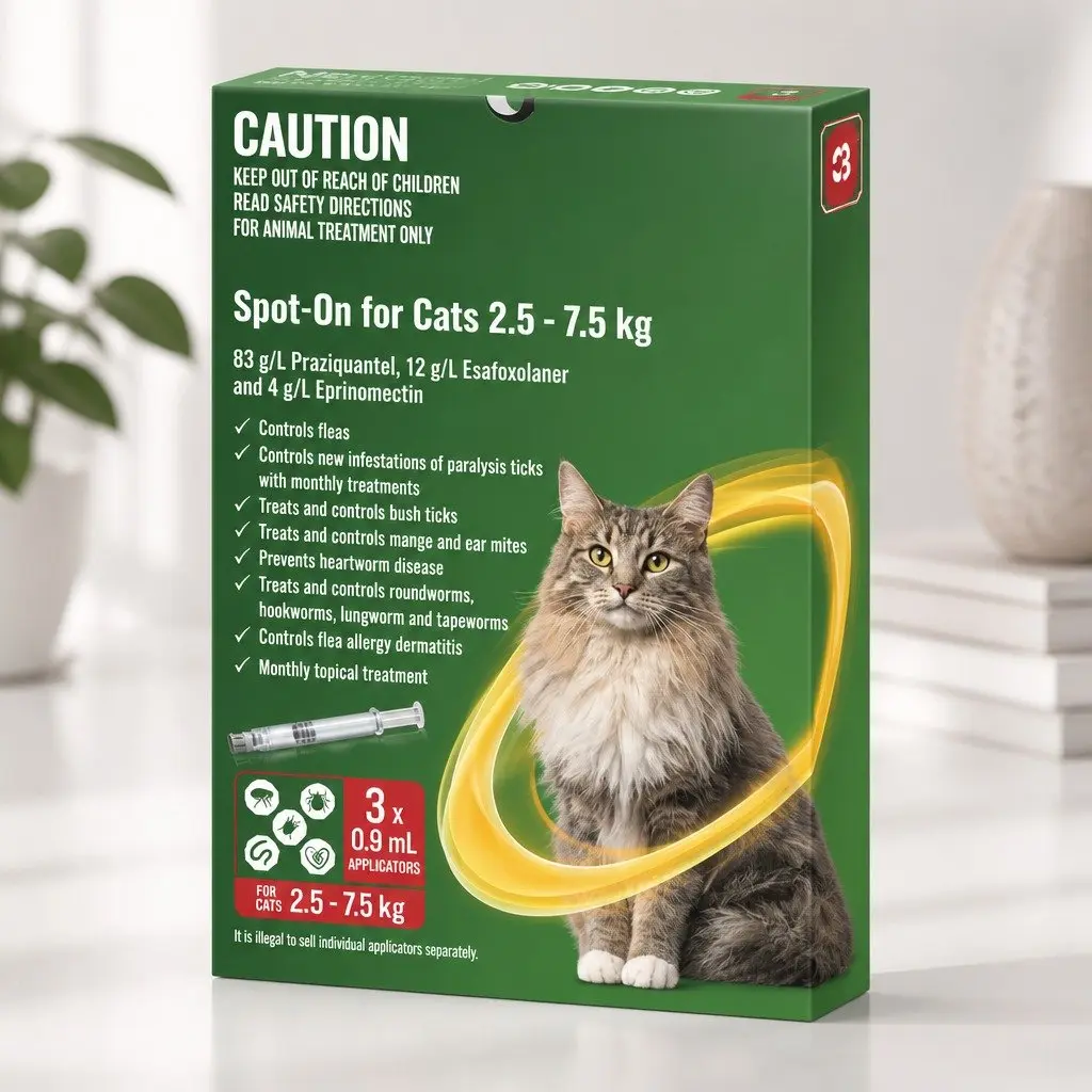 Spot-On for Cats Monthly Topical Parasite Treatment 2.5 to 7.5kg 3 Pack