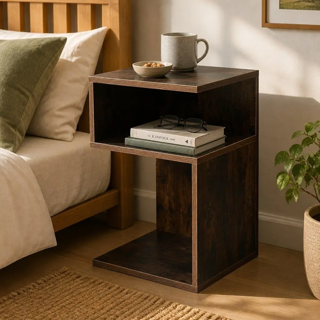 Bedside Table Wooden Open Shelves Oak 33x33x50cm