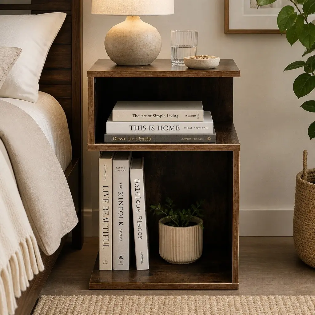 Bedside Table Wooden Open Shelves Oak 33x33x50cm