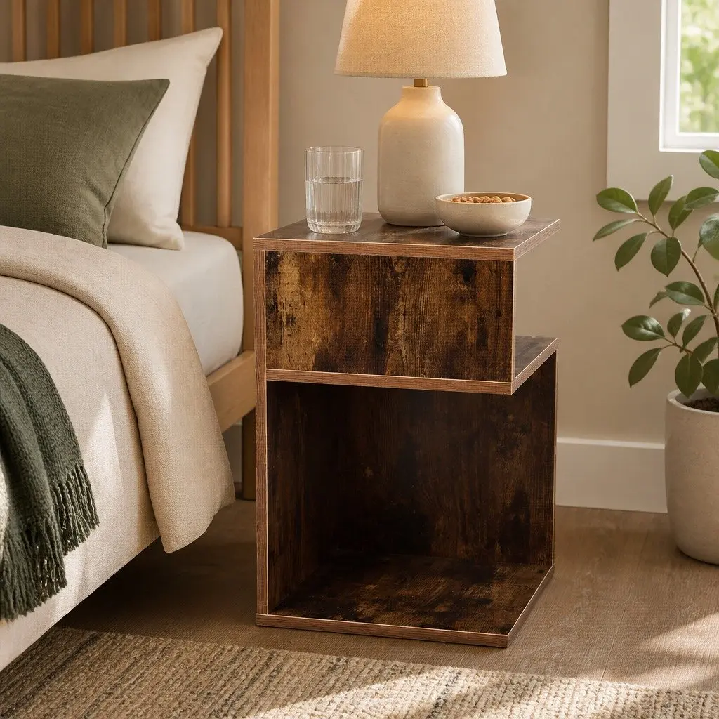 Bedside Table Wooden Open Shelves Oak 33x33x50cm
