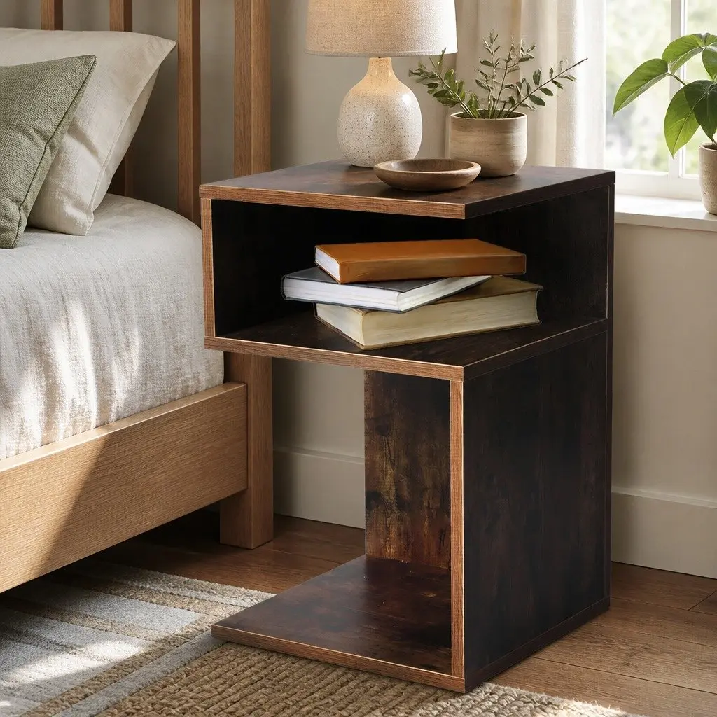 Bedside Table Wooden Open Shelves Oak 33x33x50cm