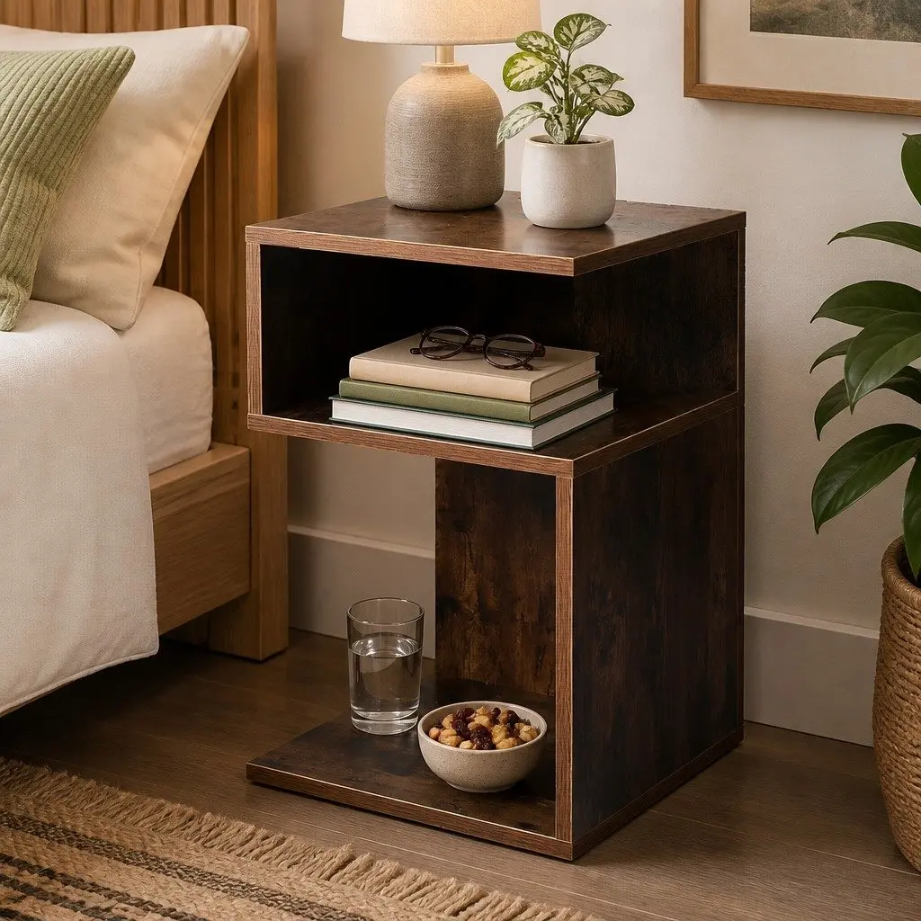 Bedside Table Industrial Style Oak 33cm W x 33cm D x 50cm H