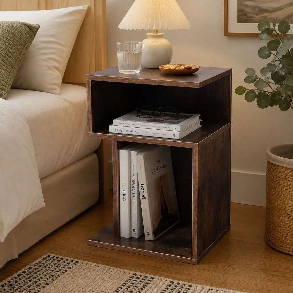 Bedside Table Industrial Style Oak 33cm W x 33cm D x 50cm H