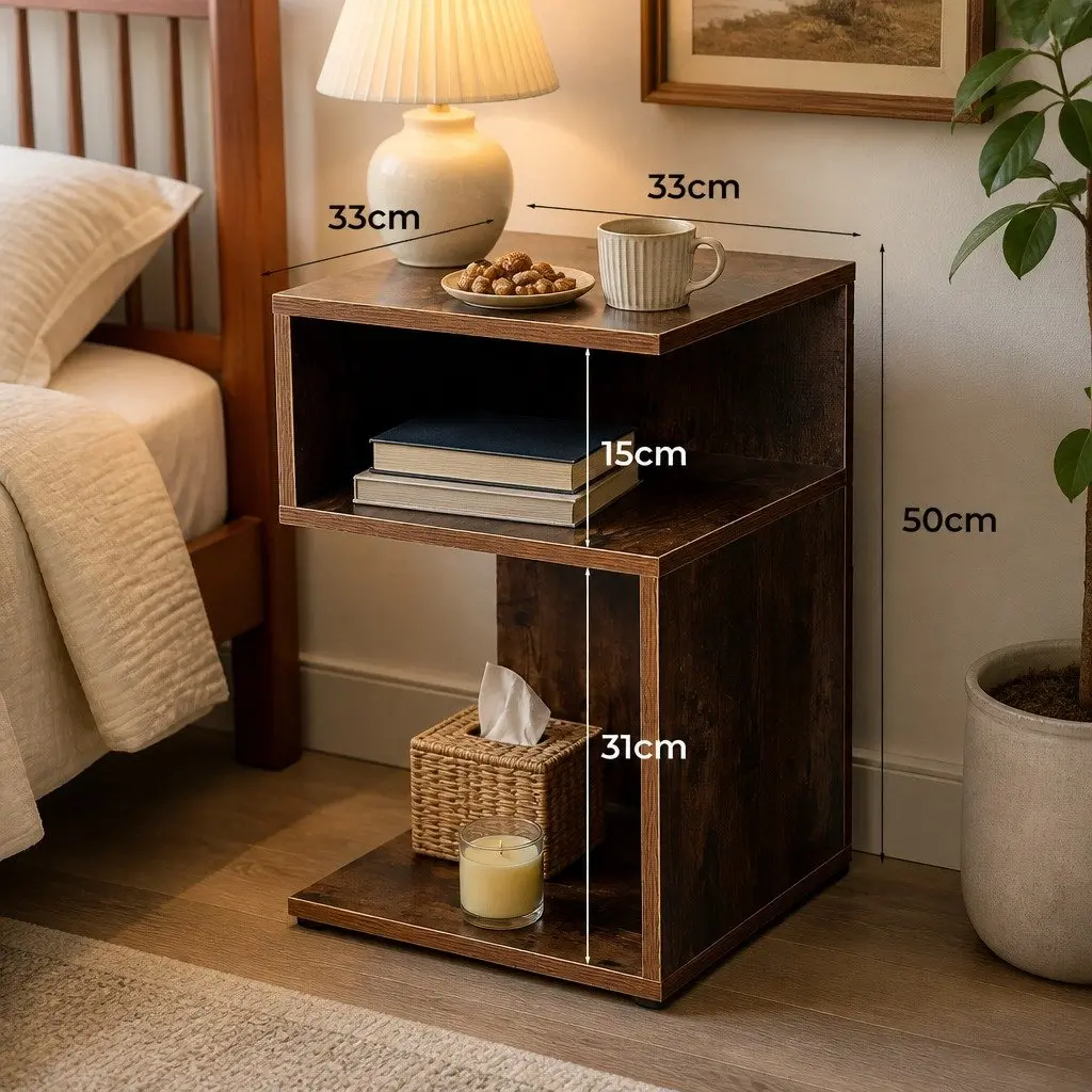 Bedside Table Industrial Style Oak 33cm W x 33cm D x 50cm H