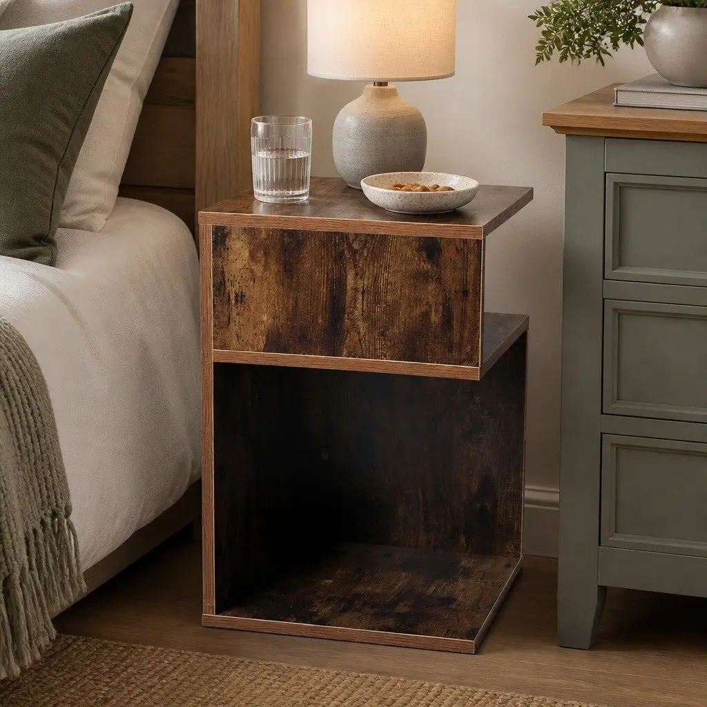 Bedside Table Industrial Style Oak 33cm W x 33cm D x 50cm H