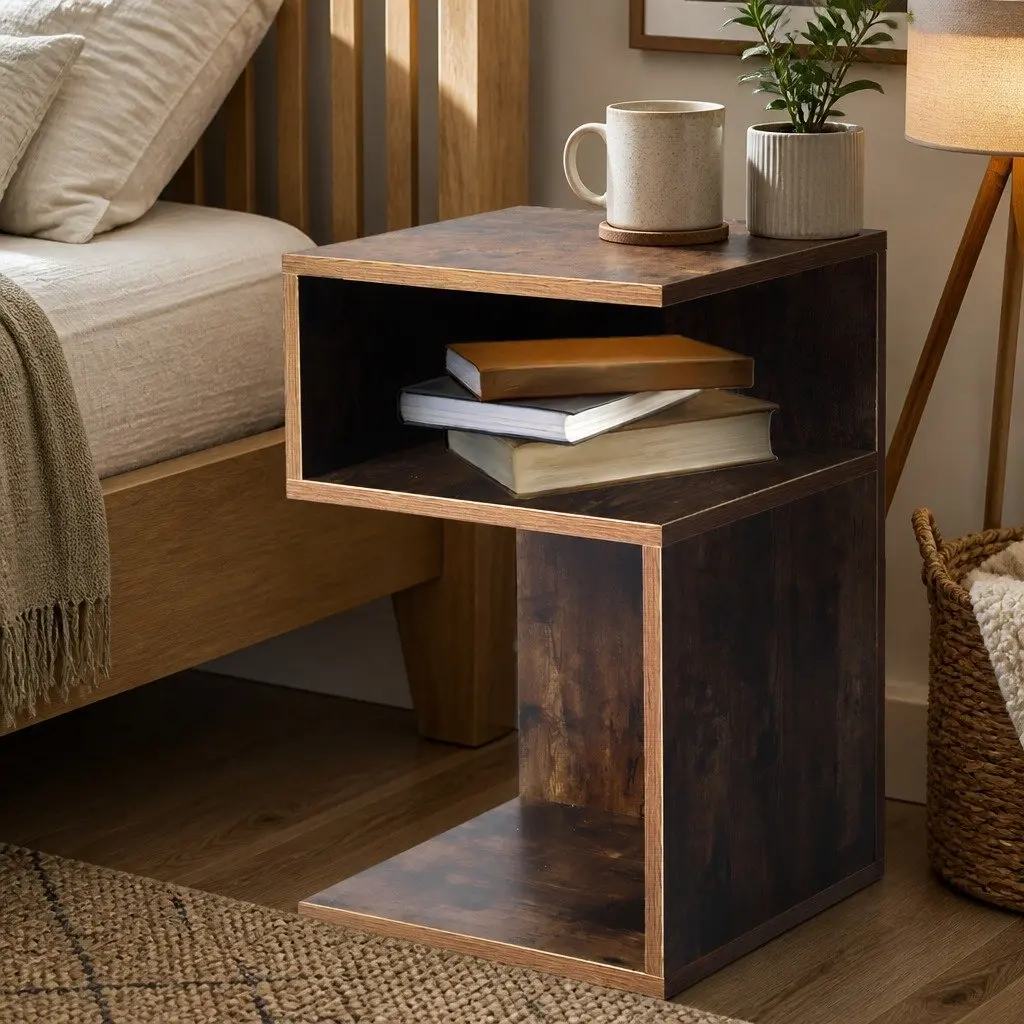Bedside Table Industrial Style Oak 33cm W x 33cm D x 50cm H