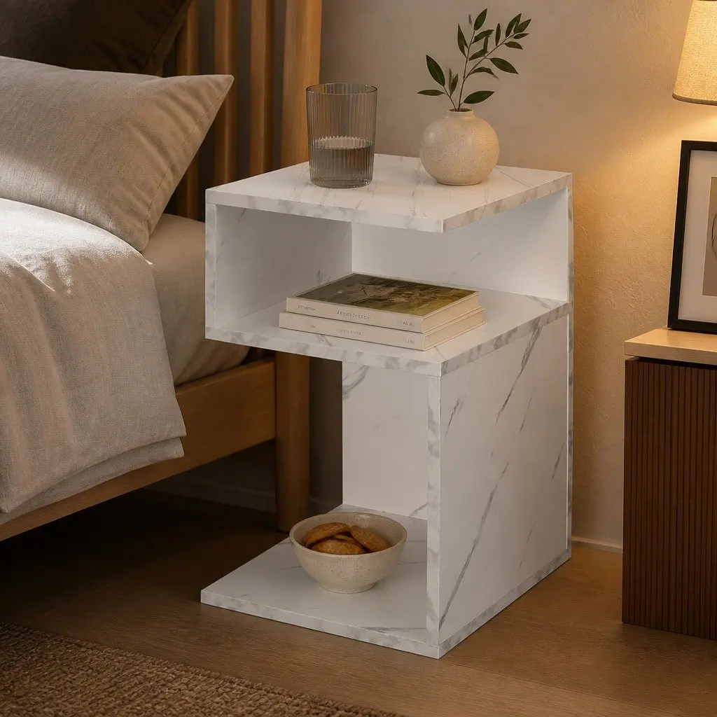 Bedside Table Marbled White Open Shelves Storage 33cm x 33cm x 50cm