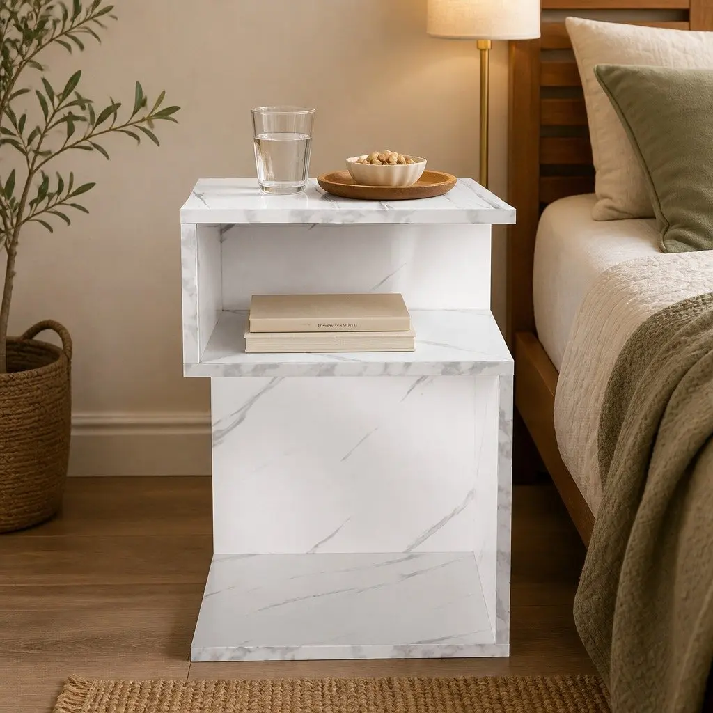 Bedside Table Marbled White Open Shelves Storage 33cm x 33cm x 50cm