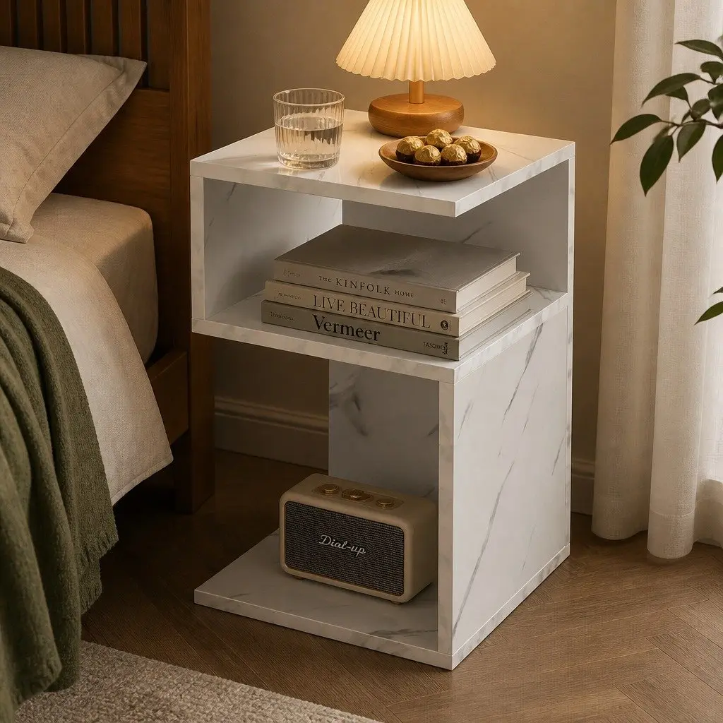 Bedside Table Marbled White Open Shelves Storage 33cm x 33cm x 50cm