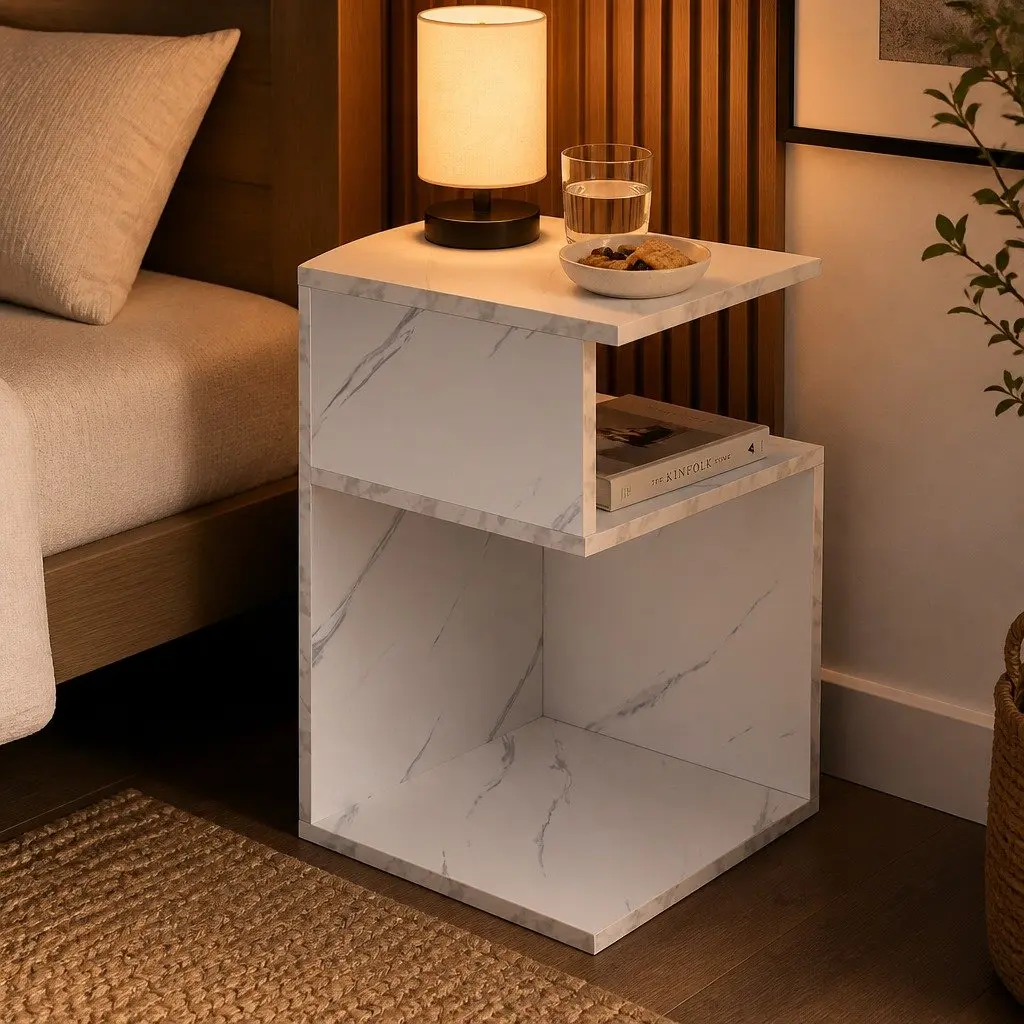 Bedside Table Marbled White Open Shelves Storage 33cm x 33cm x 50cm