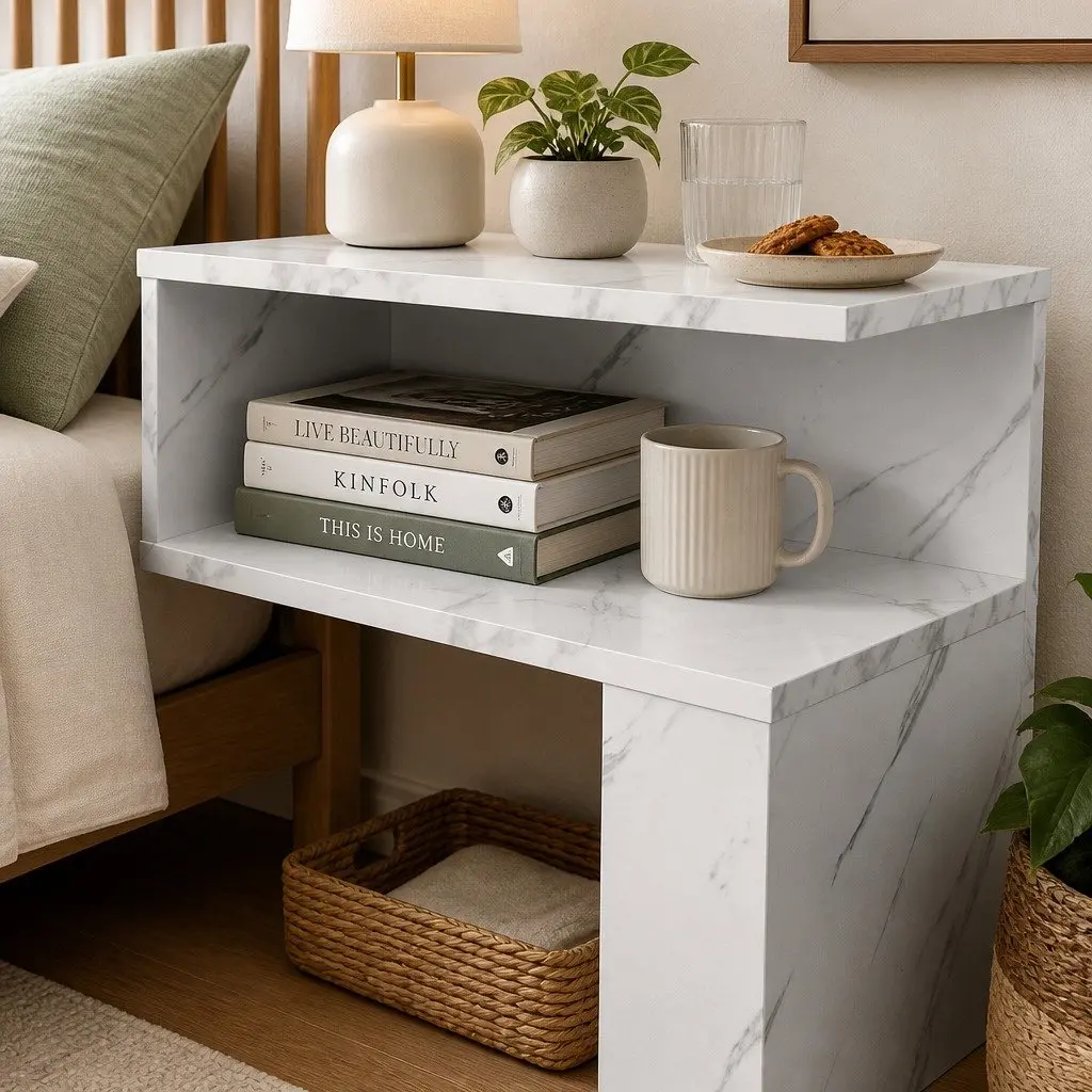 Bedside Table Marbled White Open Shelves Storage 33cm x 33cm x 50cm
