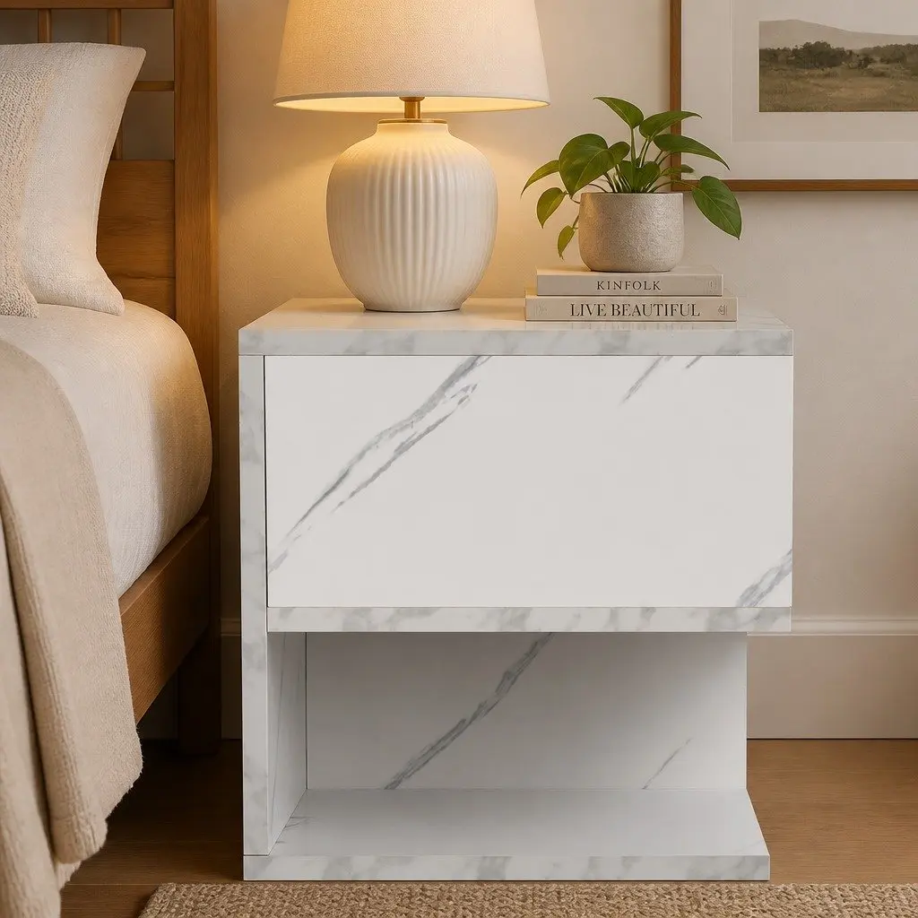 Bedside Table Marbled White Open Shelves Storage 33cm x 33cm x 50cm