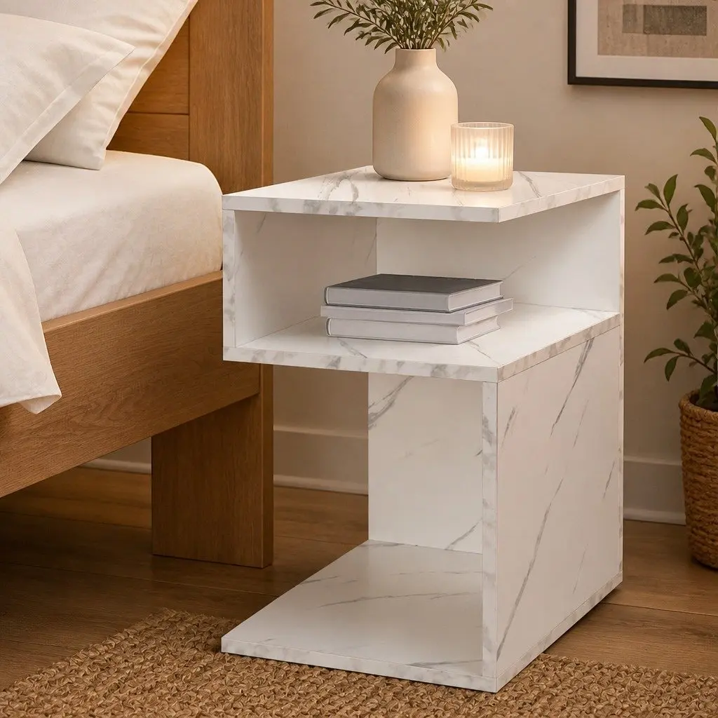 Bedside Table Marbled White Open Shelves Storage 33cm x 33cm x 50cm