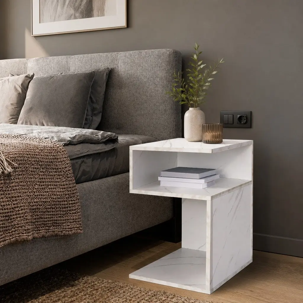 Bedside Table Marbled White Open Shelves Storage 33cm x 33cm x 50cm