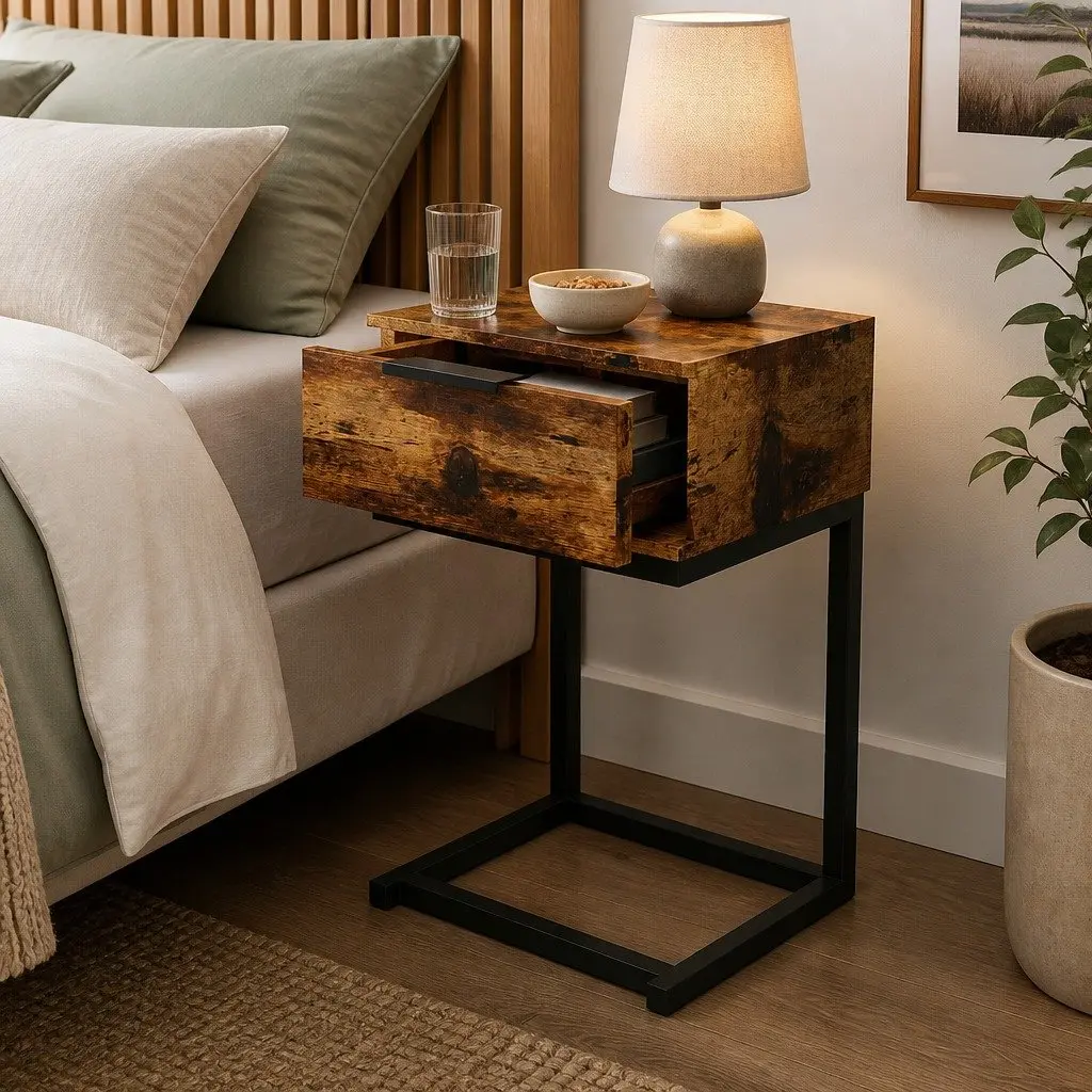 Bedside Table Industrial Style Wooden Storage Drawers 35cm W x 27cm D x 50cm H