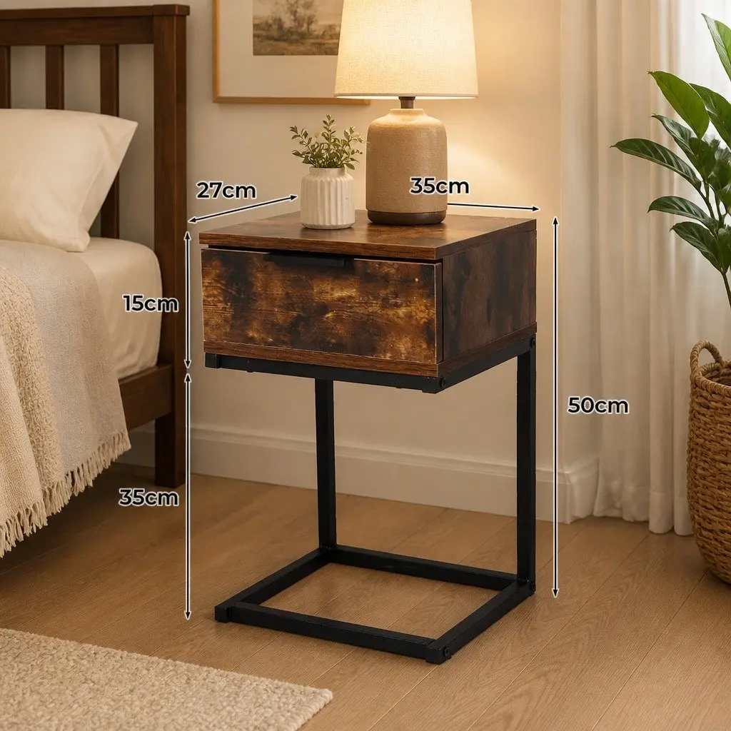 Bedside Table Industrial Style Wooden Storage Drawers 35cm W x 27cm D x 50cm H
