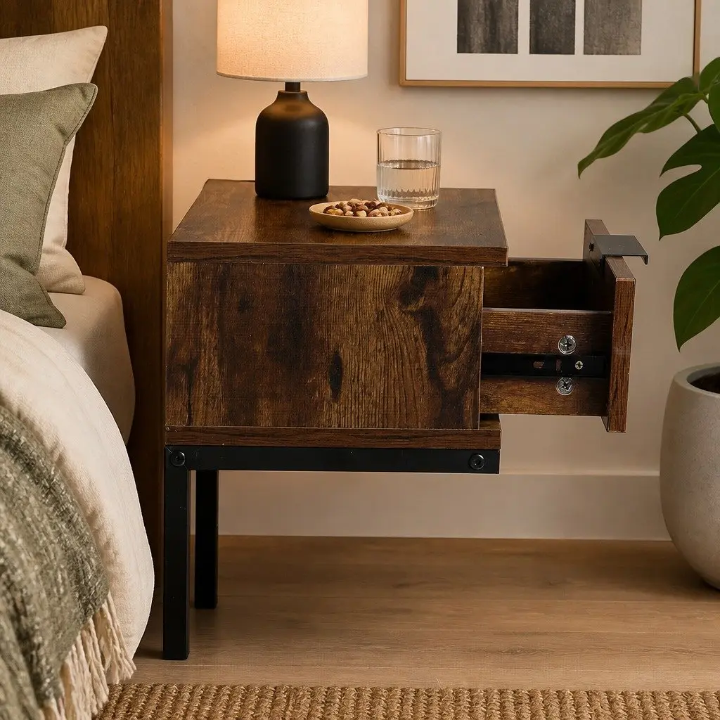 Bedside Table Industrial Style Wooden Storage Drawers 35cm W x 27cm D x 50cm H