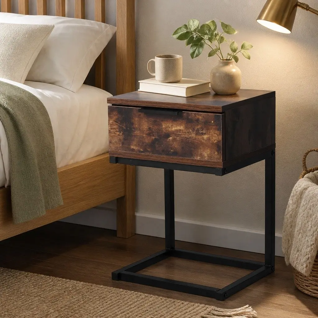 Bedside Table Industrial Style Wooden Storage Drawers 35cm W x 27cm D x 50cm H