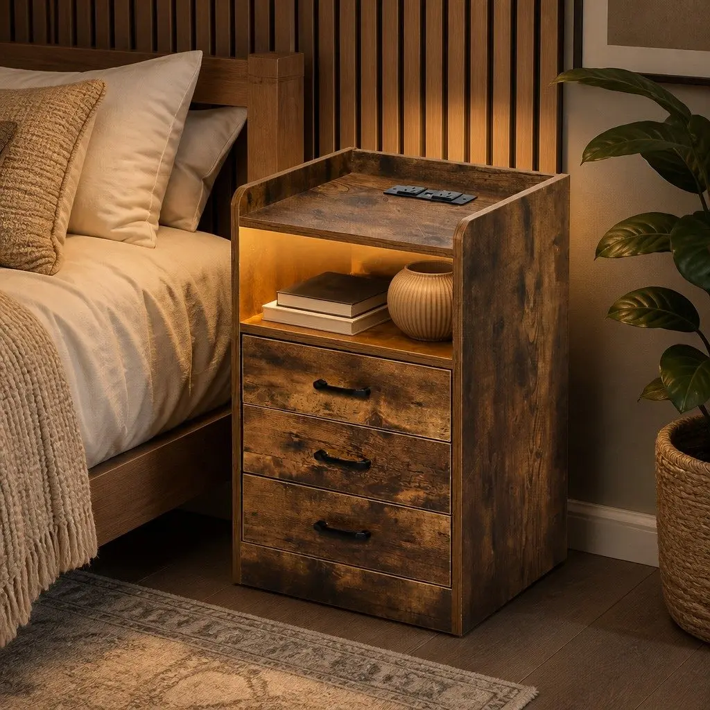 Oak Bedside Table with Integrated LED Light USB Charging Outlet 3 Drawers Nightstand