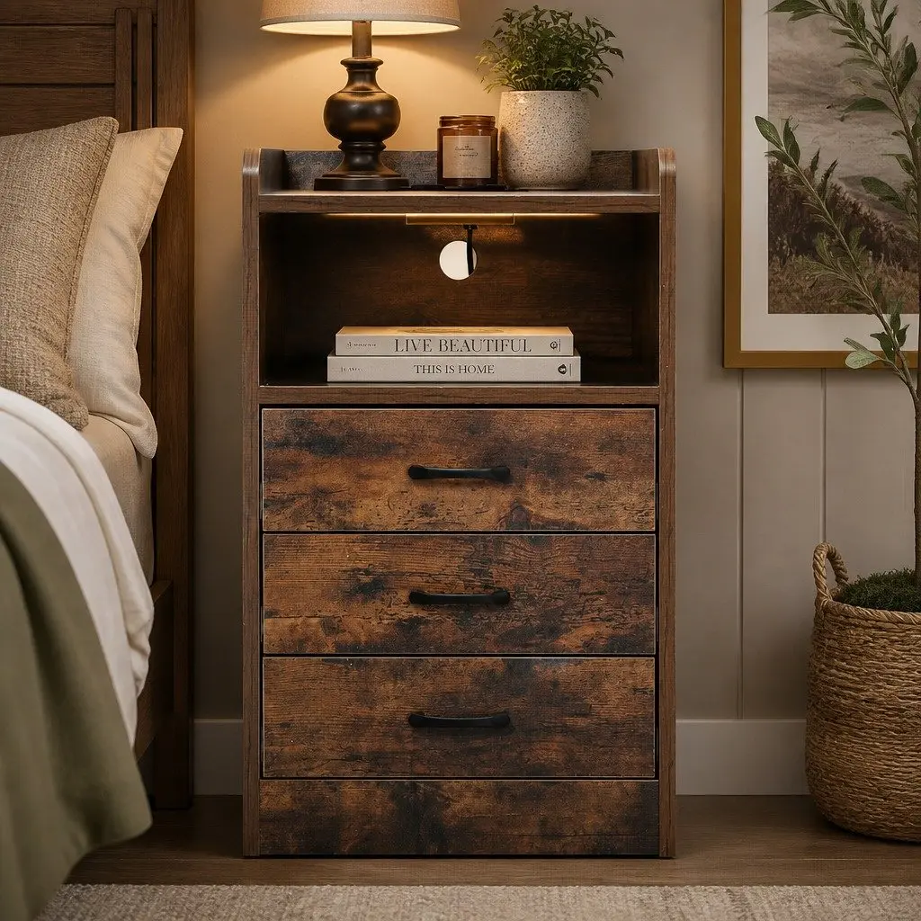 Oak Bedside Table with Integrated LED Light USB Charging Outlet 3 Drawers Nightstand