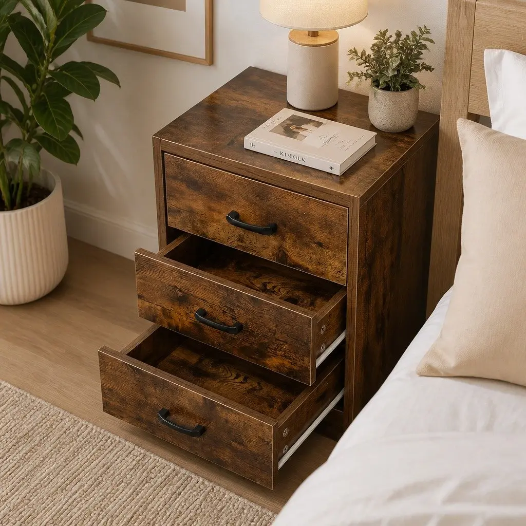 Oak Bedside Table with Integrated LED Light USB Charging Outlet 3 Drawers Nightstand