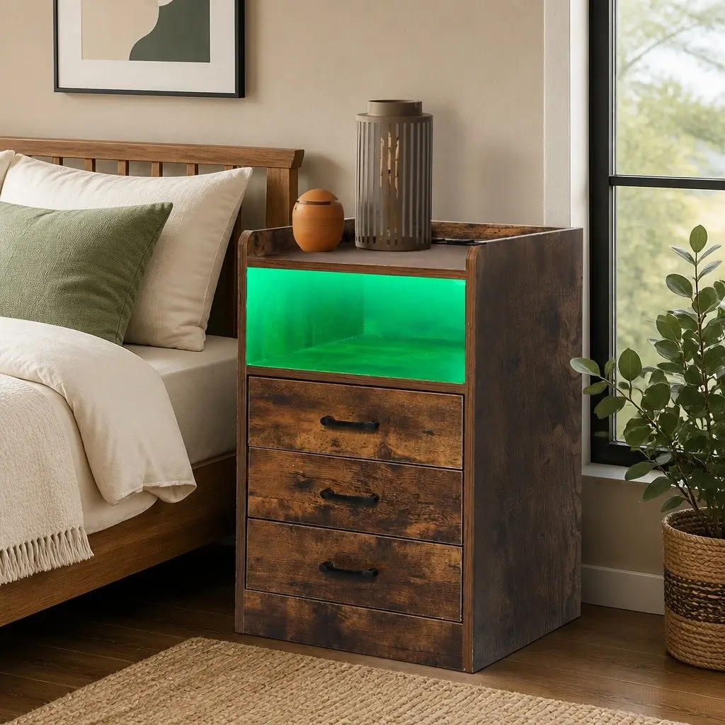 Oak Bedside Table with Integrated LED Light USB Charging Outlet 3 Drawers Nightstand