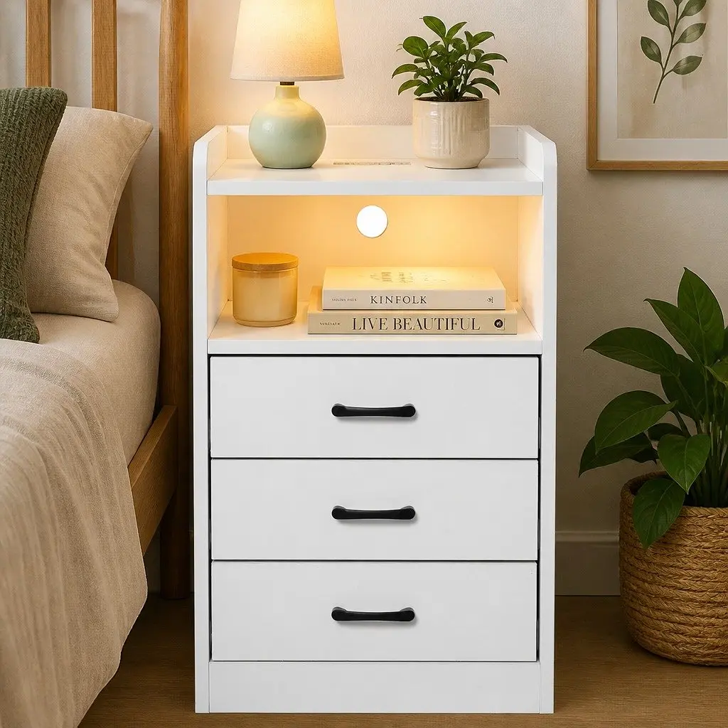Nightstand White USB Charger Outlet LED Light 3 Drawers 40cm x 35cm x 64cm