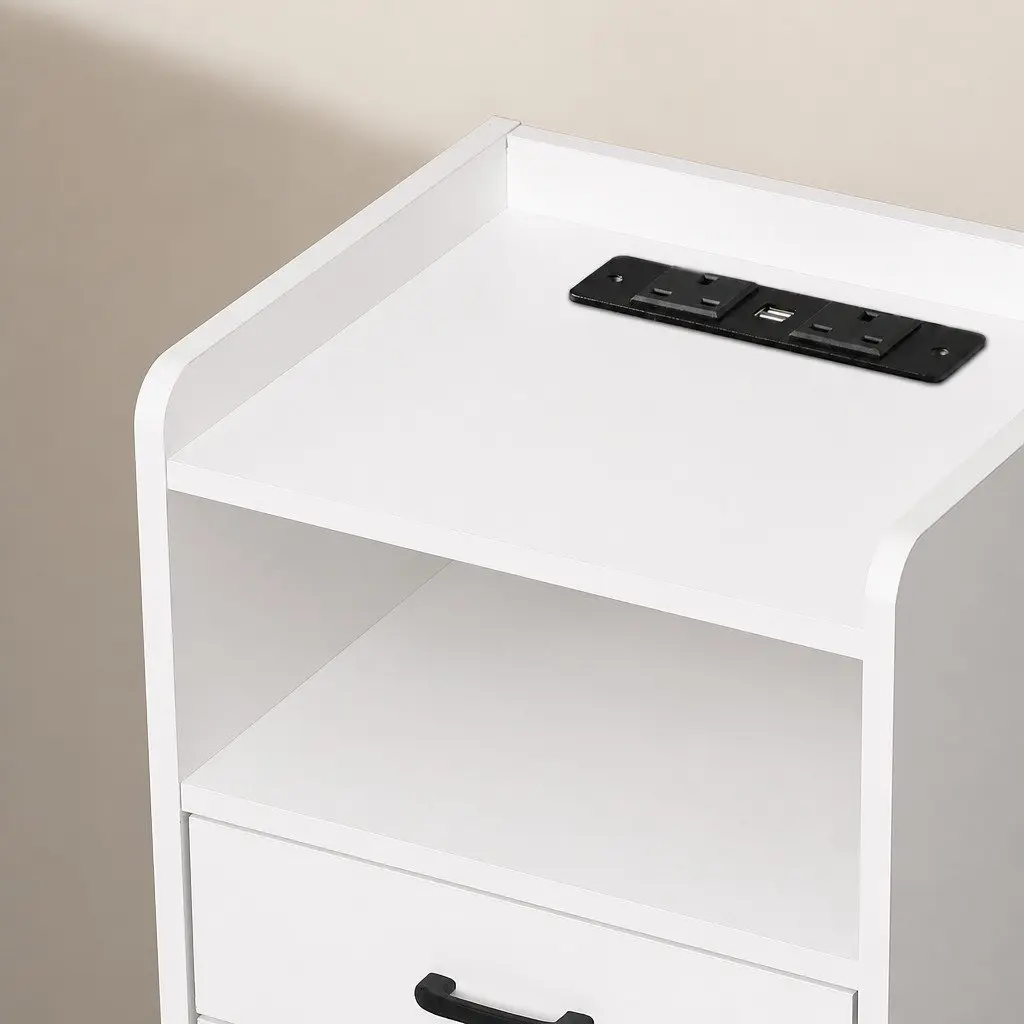 Nightstand White USB Charger Outlet LED Light 3 Drawers 40cm x 35cm x 64cm