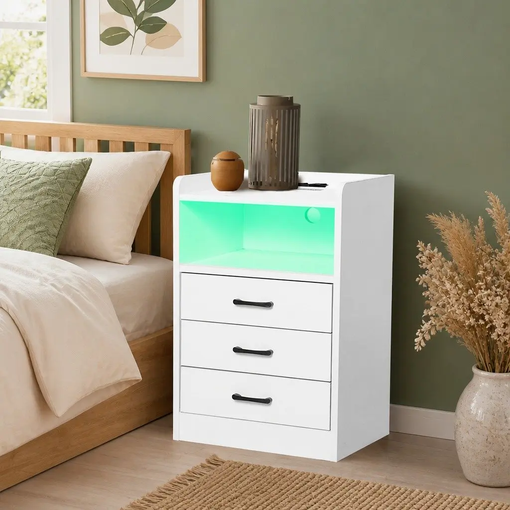 Nightstand White USB Charger Outlet LED Light 3 Drawers 40cm x 35cm x 64cm