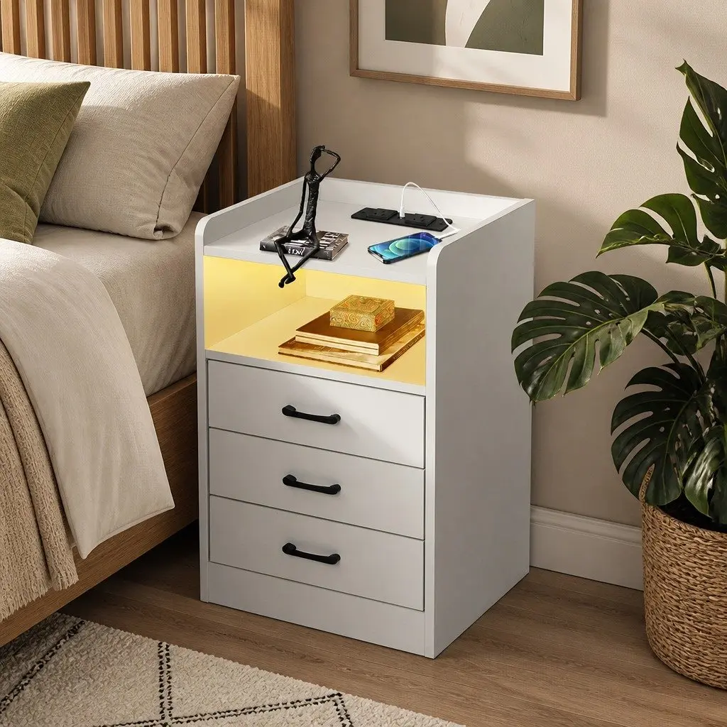 Nightstand White USB Charger Outlet LED Light 3 Drawers 40cm x 35cm x 64cm