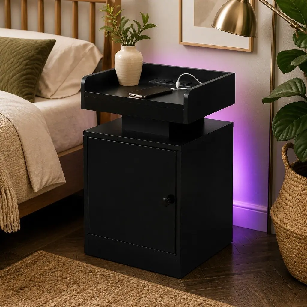 Bedside Table with USB Charger RGB LED Lighting Storage Cabinet Black 40cm x 35cm x 58cm