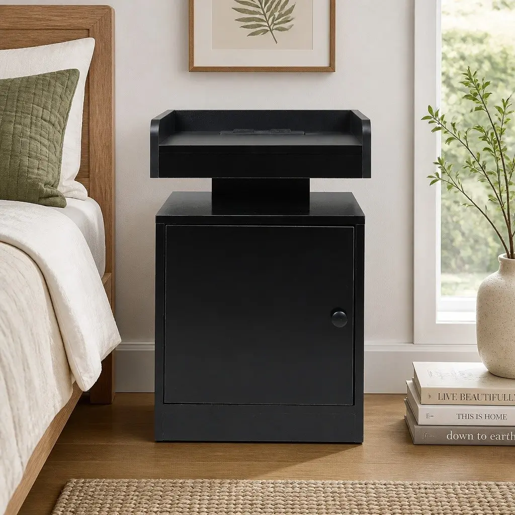 Bedside Table with USB Charger RGB LED Lighting Storage Cabinet Black 40cm x 35cm x 58cm