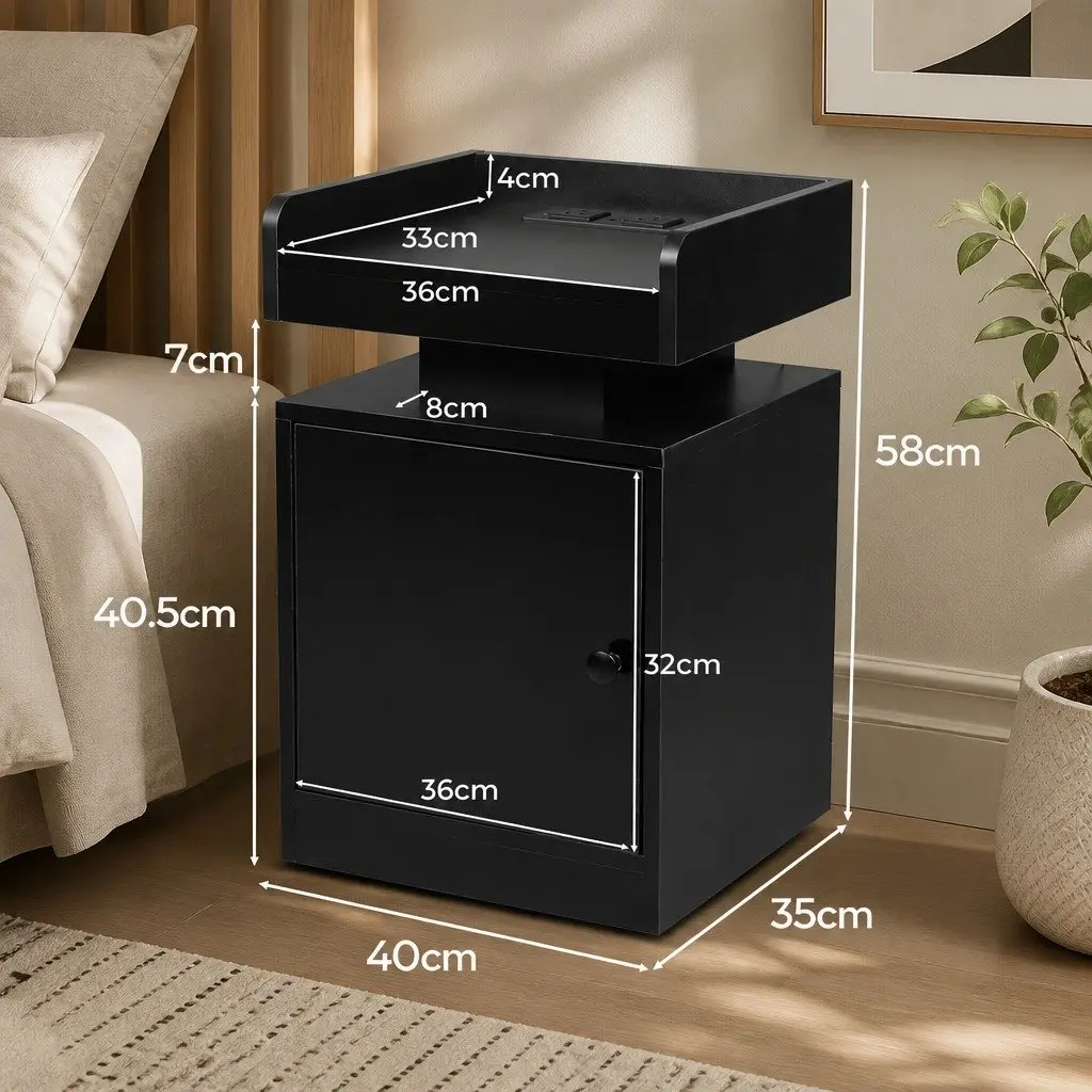 Bedside Table with USB Charger RGB LED Lighting Storage Cabinet Black 40cm x 35cm x 58cm