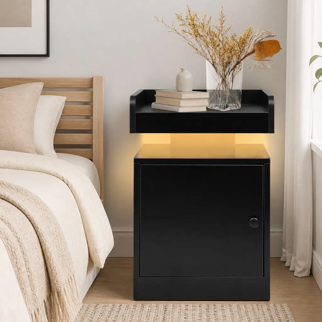 Bedside Table with USB Charger RGB LED Lighting Storage Cabinet Black 40cm x 35cm x 58cm