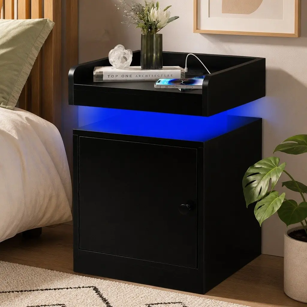 Bedside Table with USB Charger RGB LED Lighting Storage Cabinet Black 40cm x 35cm x 58cm