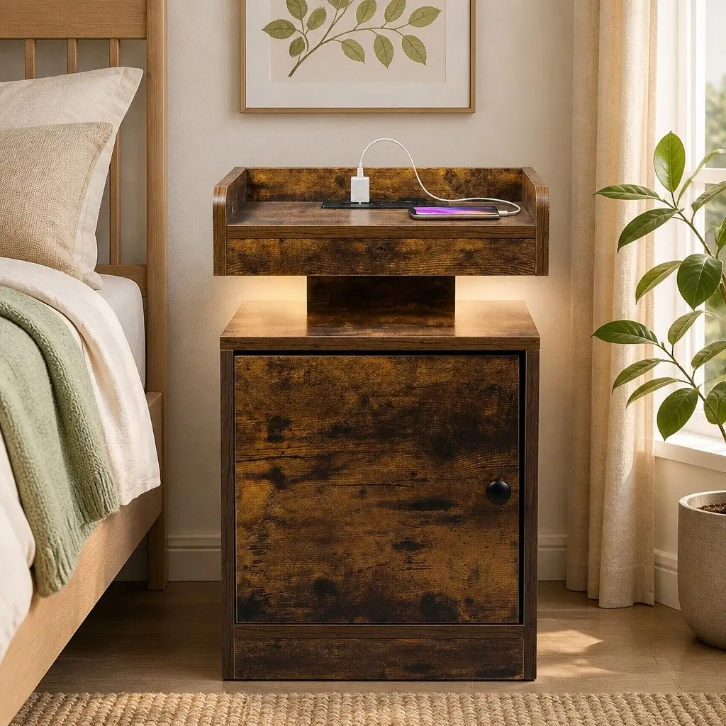 Oak Bedside Table with USB Charging & LED