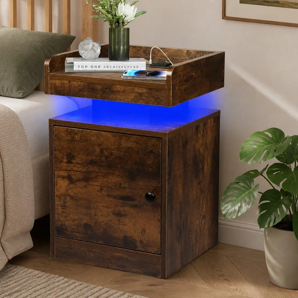 Oak Bedside Table with USB Charging & LED