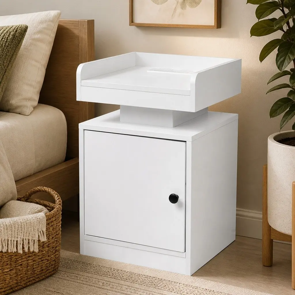 Bedside Table with USB Charger RGB LED Lights White Nightstand 40cm W x 35cm D x 58cm H
