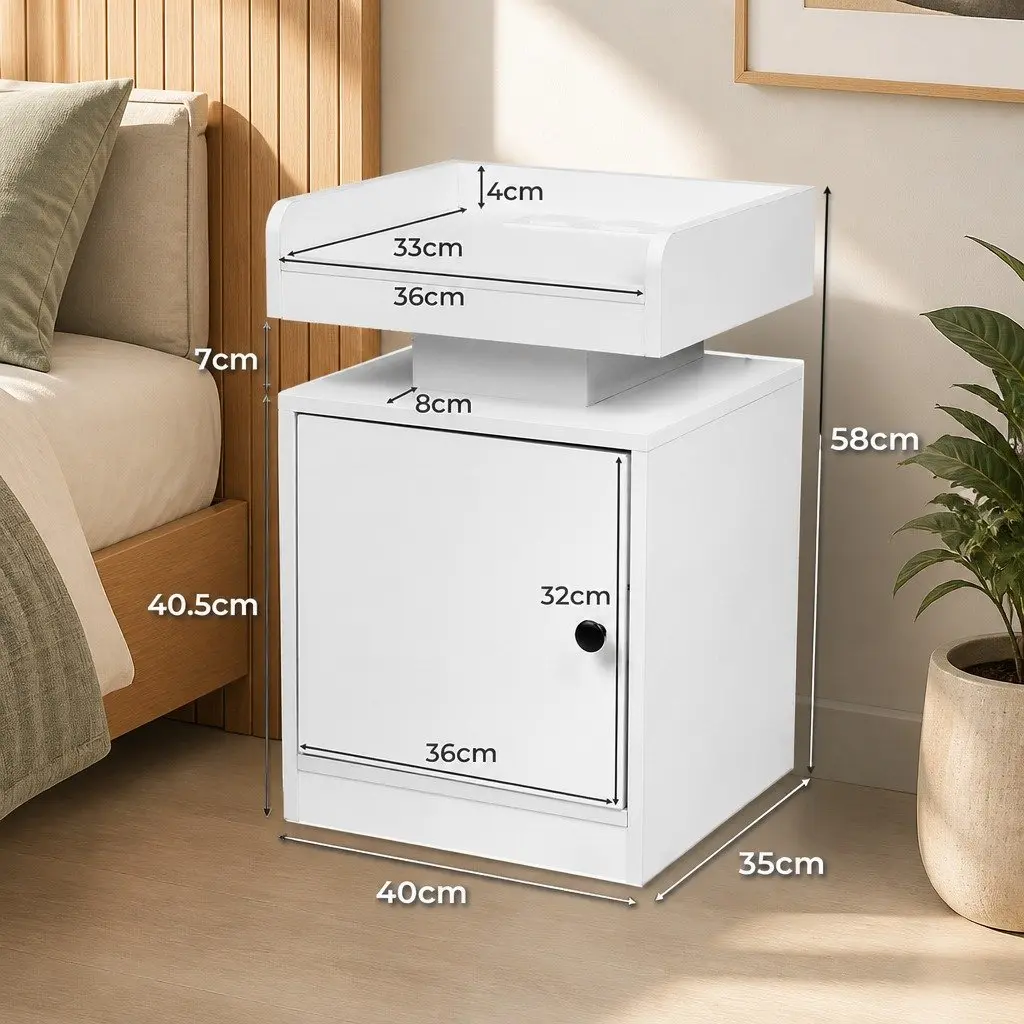 Bedside Table with USB Charger RGB LED Lights White Nightstand 40cm W x 35cm D x 58cm H