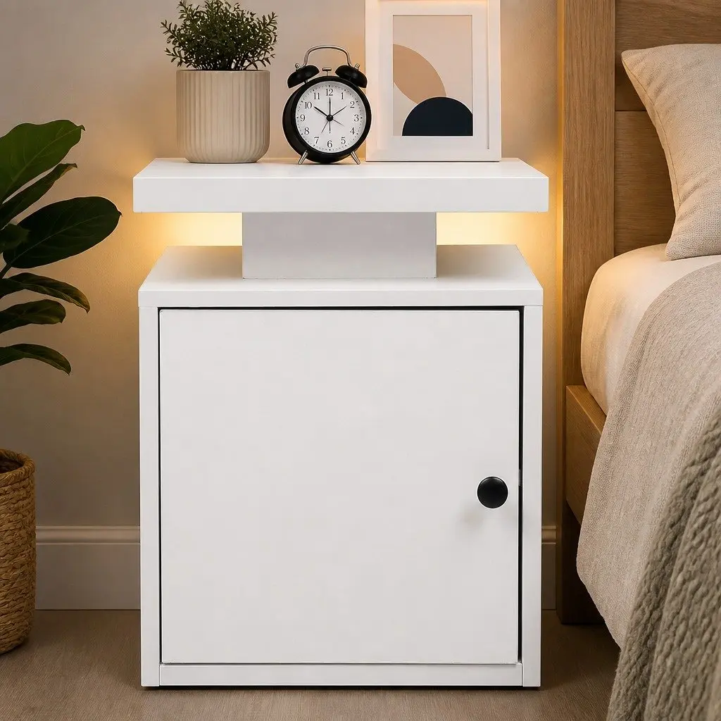 Bedside Table with USB Charger RGB LED Lights White Nightstand 40cm W x 35cm D x 58cm H