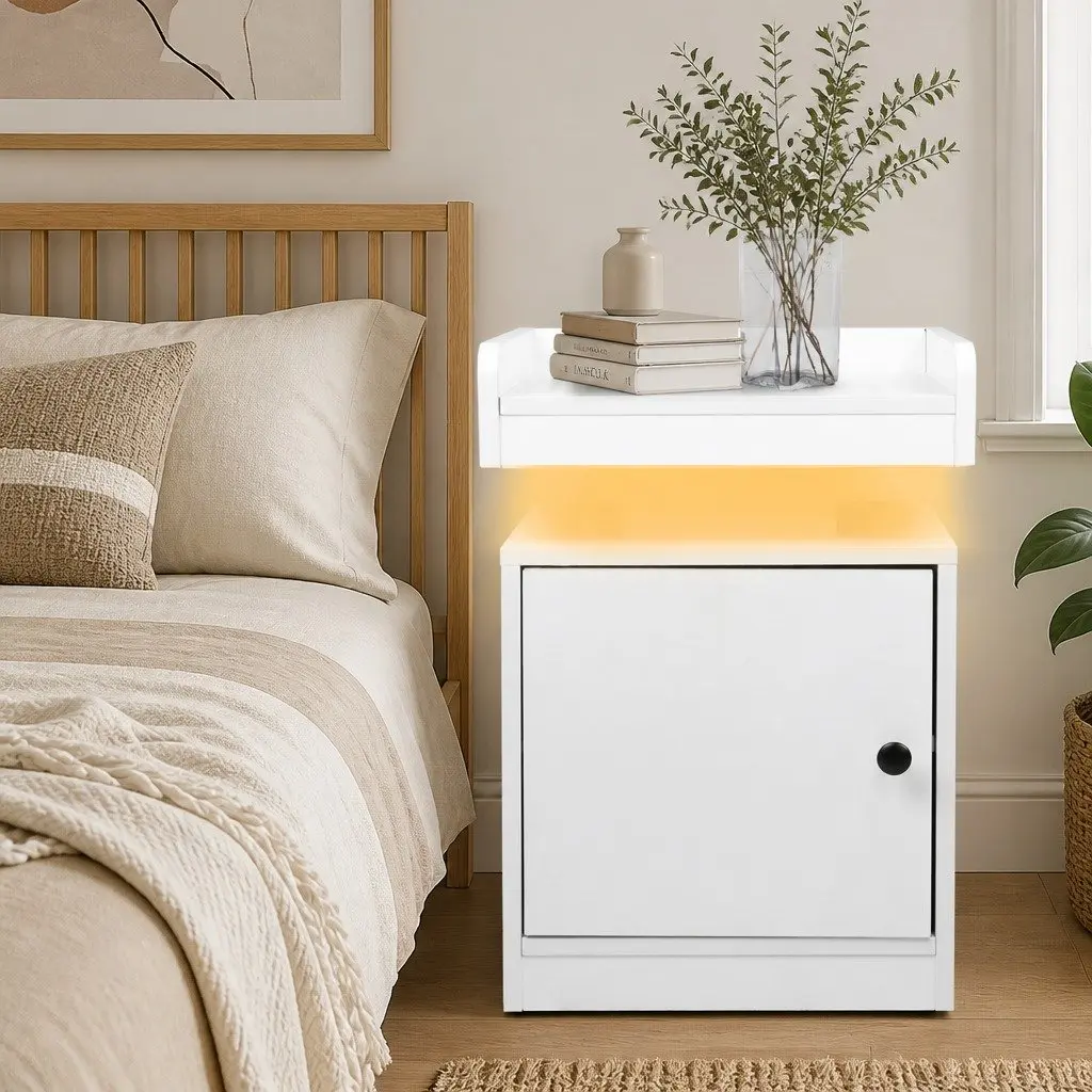 Bedside Table with USB Charger RGB LED Lights White Nightstand 40cm W x 35cm D x 58cm H