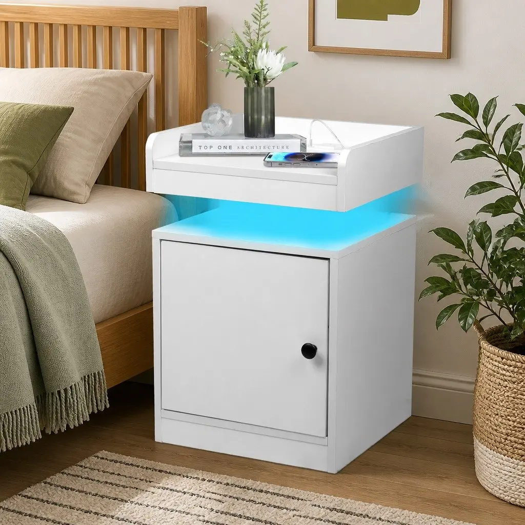 Bedside Table with USB Charger RGB LED Lights White Nightstand 40cm W x 35cm D x 58cm H